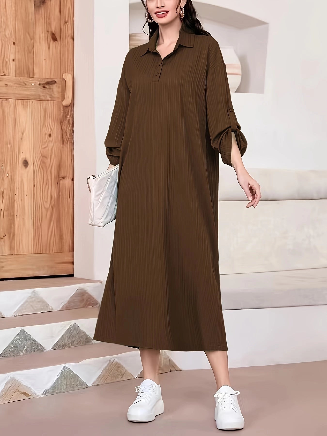 Elegant Pleated Midi Dress, Brown, Long Sleeves – Perfect for Winter S