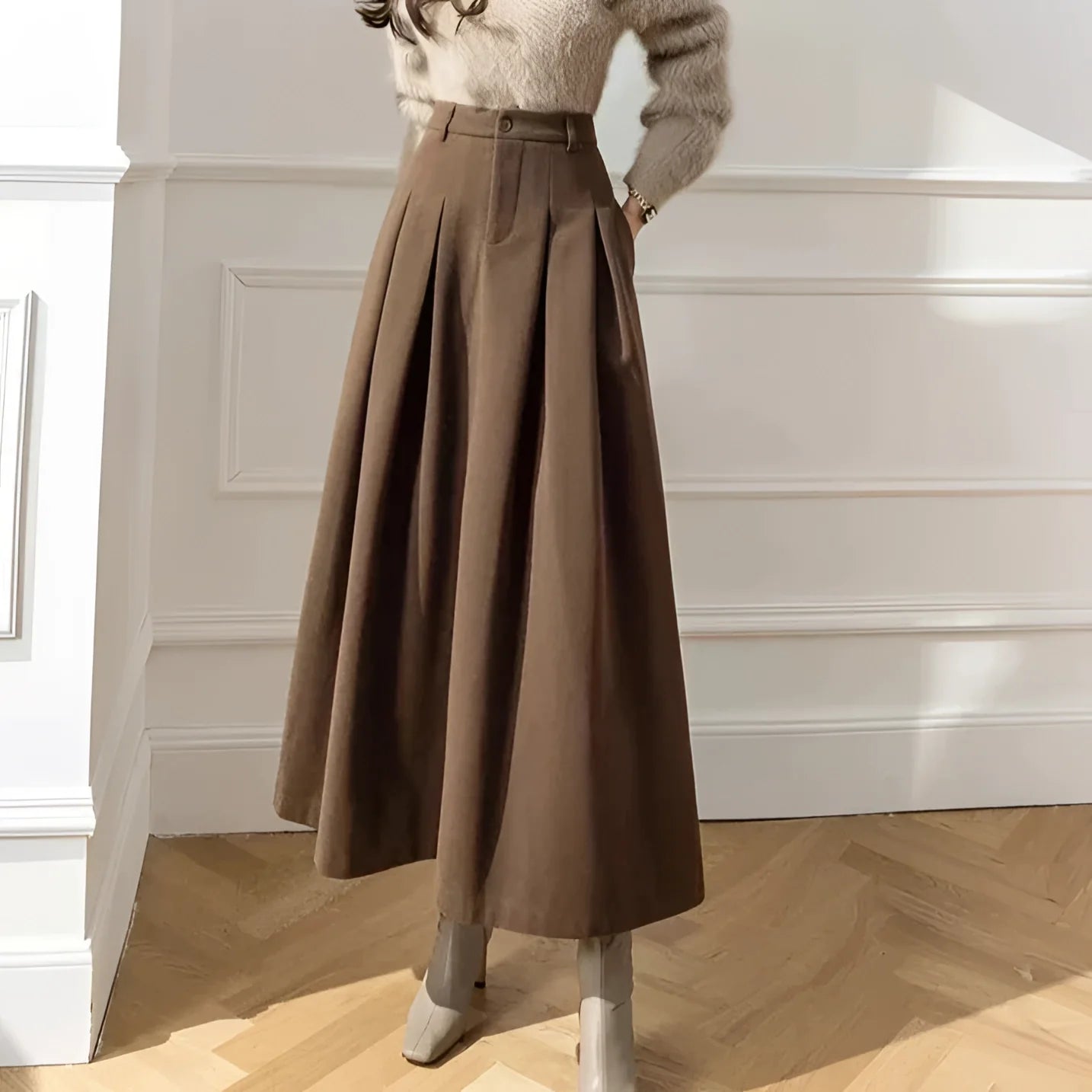 High-Waisted Brown Wool A-Line Midi Pleated Skirt - Vintage Winter Style
 - ModishWorld