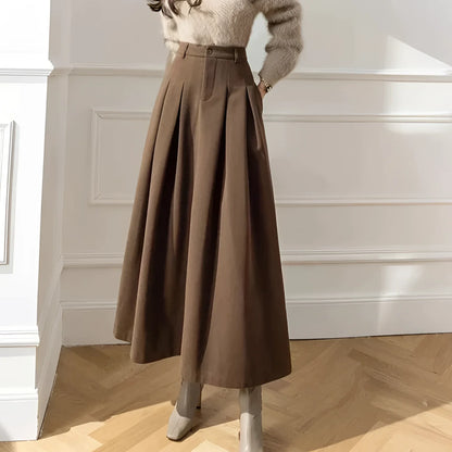 High-Waisted Brown Wool A-Line Midi Pleated Skirt - Vintage Winter Style
 - ModishWorld