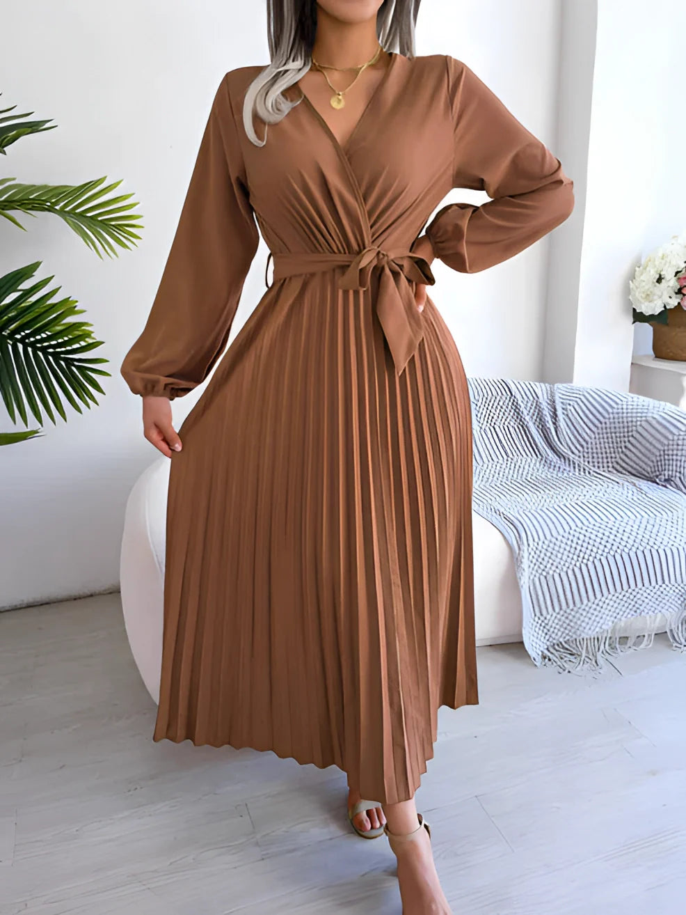 Elegant V-Neck Midi Wrap Dress in Burgundy with Pleated Detail and Tie