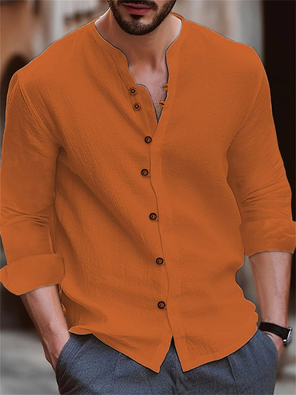 Men's Burnt Orange Linen Long-Sleeve Button-Down Shirt
 - ModishWorld