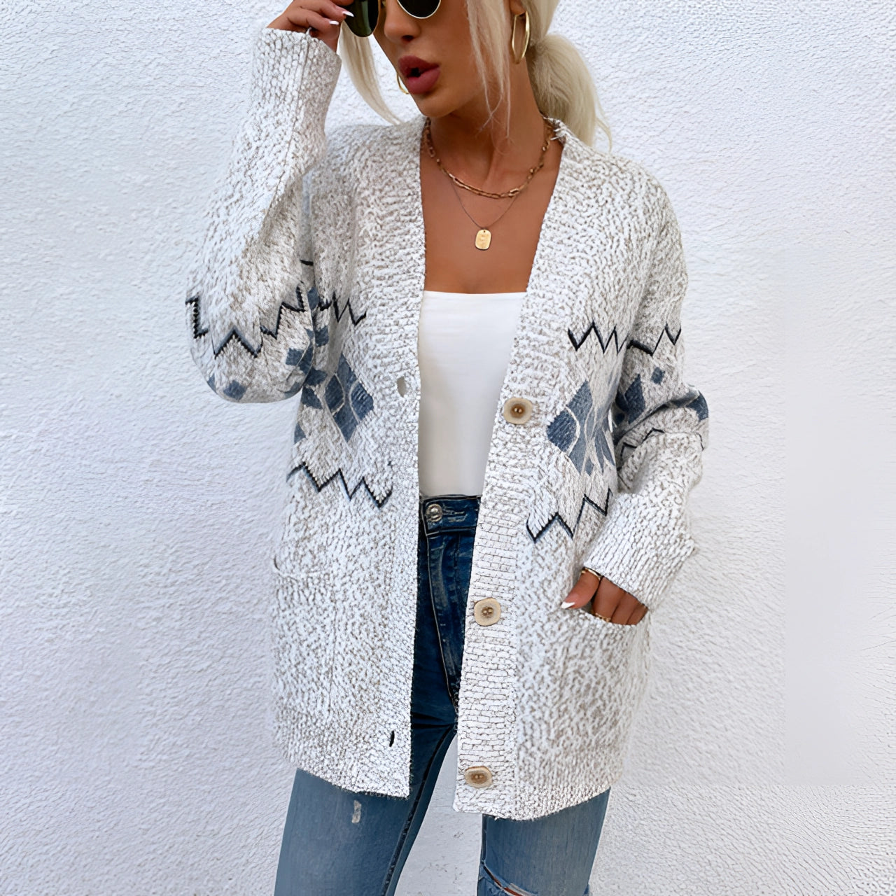 Oversized Bohemian Chunky Knit Cardigan with Aztec Pattern and Buttons ...