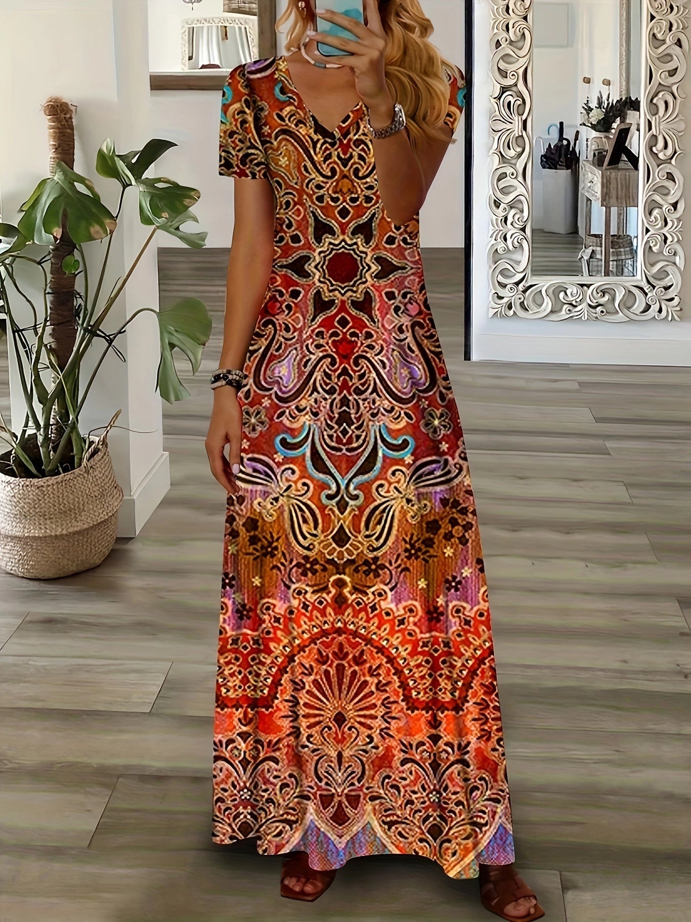 Women's V-Neck Maxi Dress with Colorful Bohemian Paisley Print
 - ModishWorld