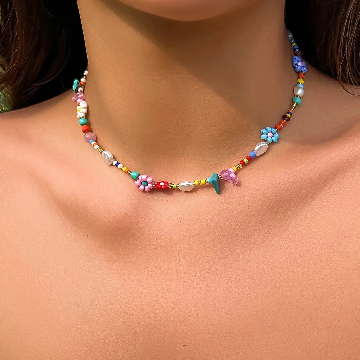 Boho Multicolor Floral Bead Choker Necklace for Teens
 - ModishWorld