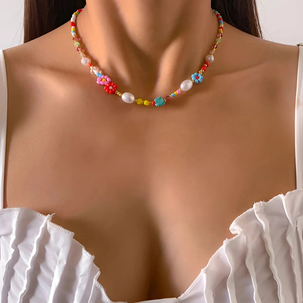 Handmade Boho Beach Necklace: Colorful Floral Bead Choker
 - ModishWorld