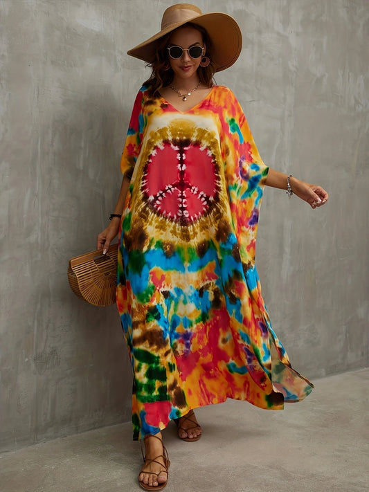 Women's Tie-Dye Kaftan Beach Cover-Up Dress in Vibrant Colors
 - ModishWorld