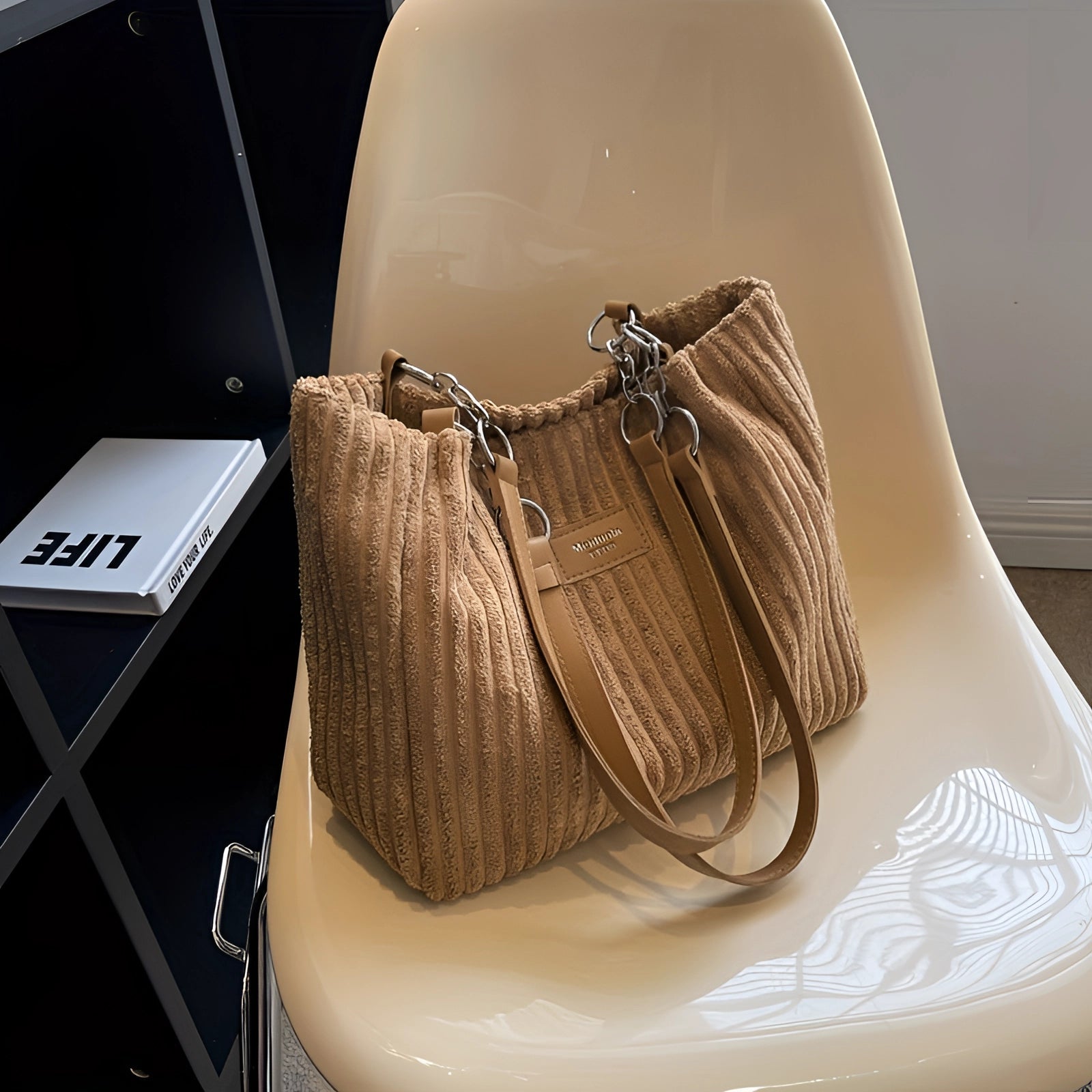 Beige Pleated Corduroy Bucket Bag with Drawstring
 - ModishWorld