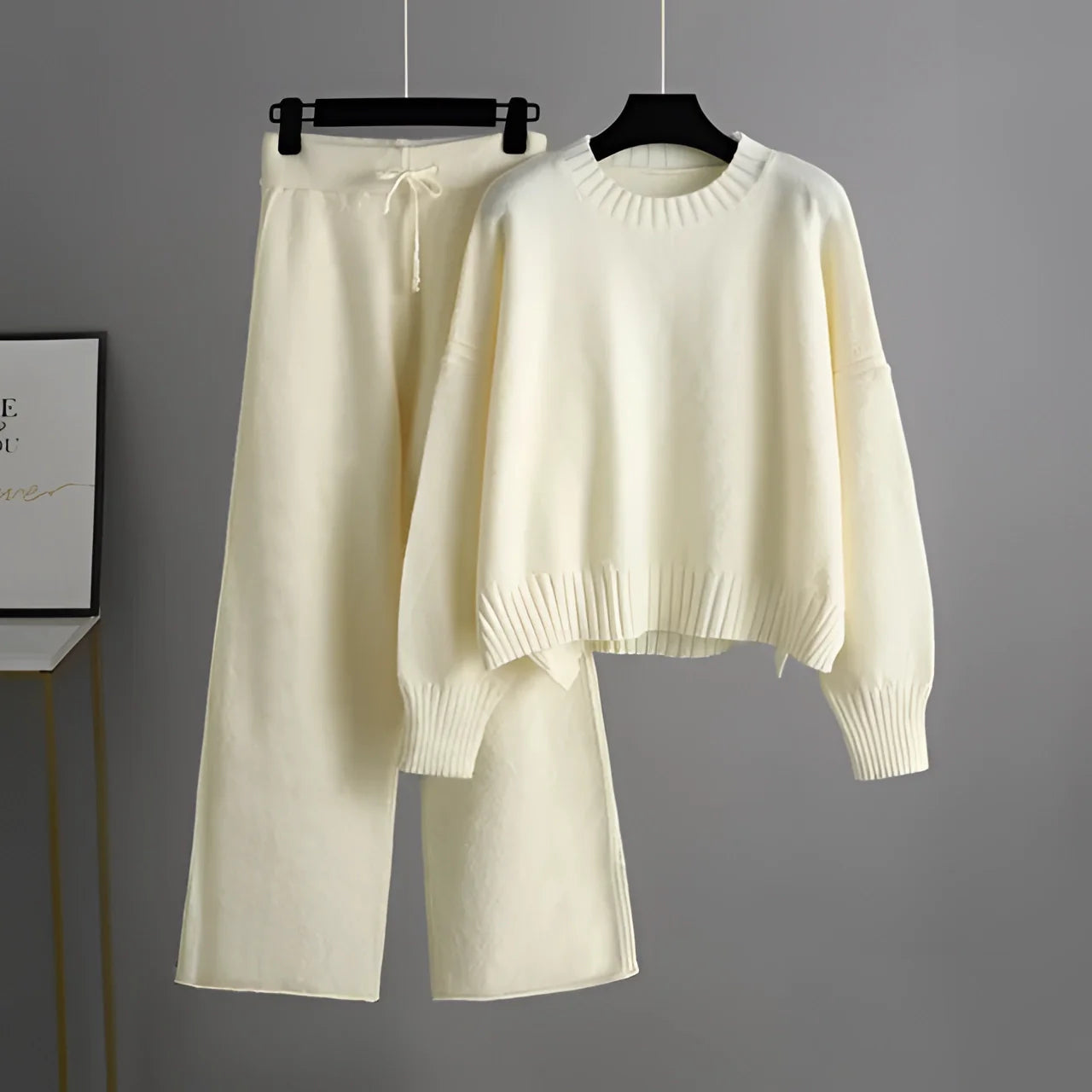 Women's Cream Knit Sweater and Wide-Leg Pants Set for Cozy Winter Fashion
 - ModishWorld