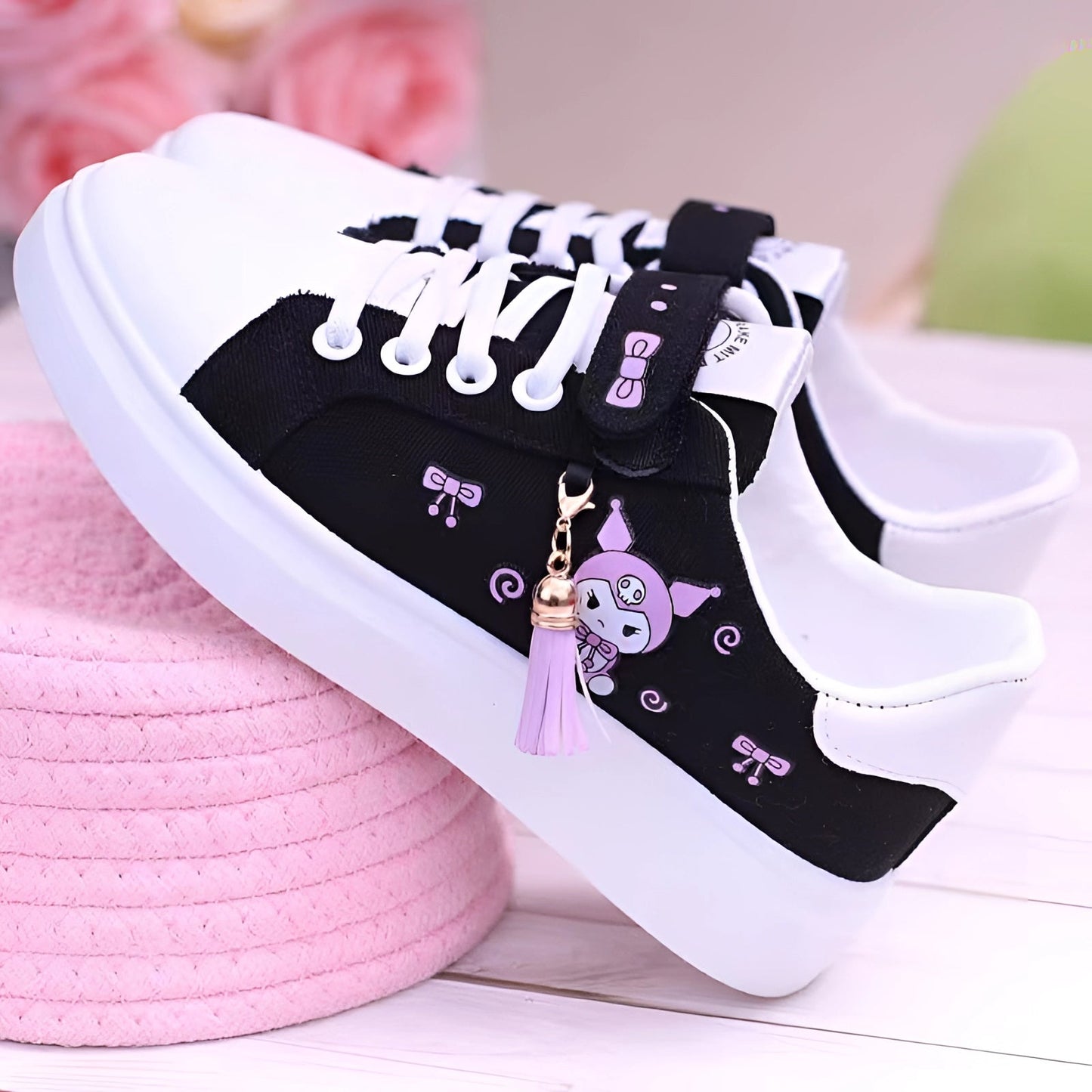 Adorable Black and White Kawaii Sneakers with Charming Tassels and Accessories
 - ModishWorld