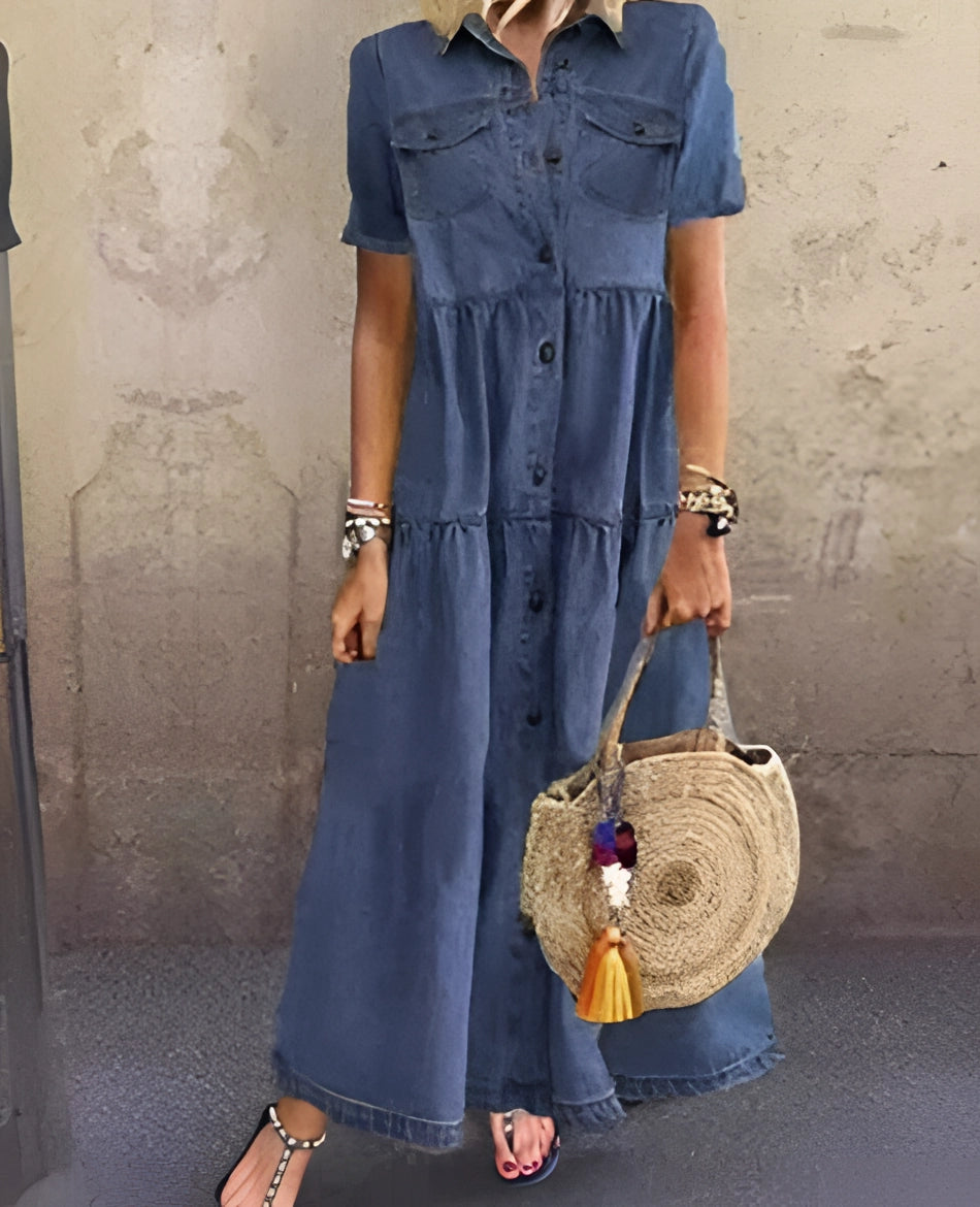Long-Sleeve Belted Denim Maxi Dress with Button Front and Vintage Wash