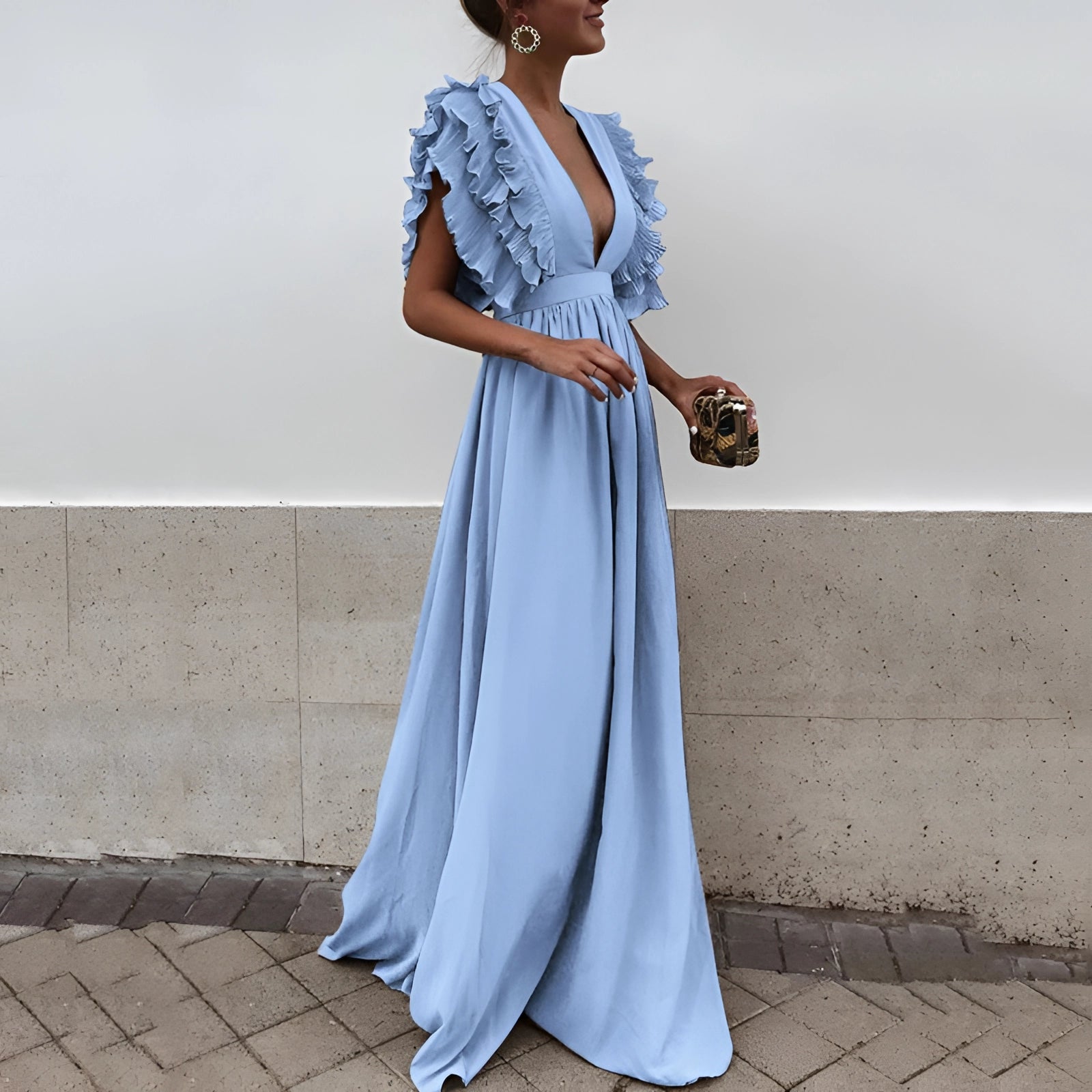 Elegant Light Blue Ruffled Evening Gown with Deep V-Neck – Modish World