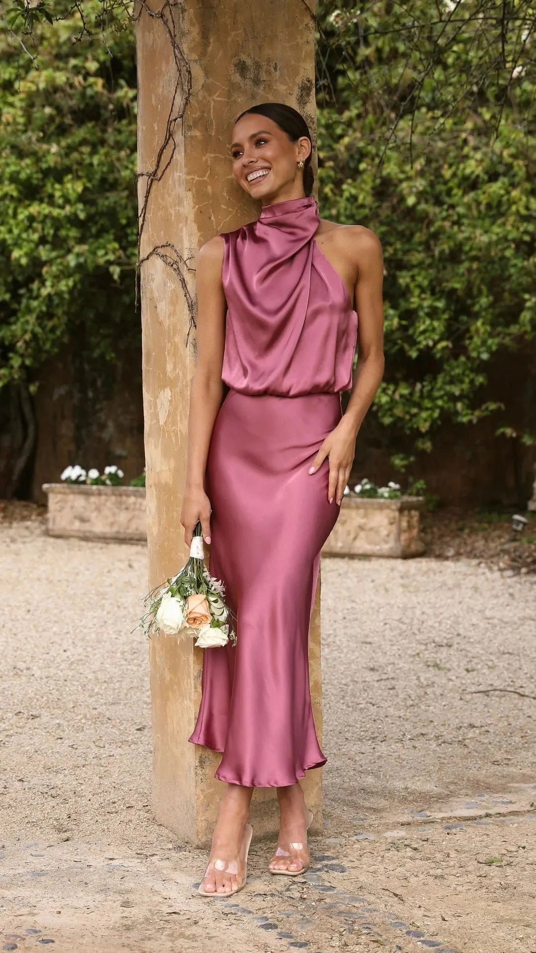 Asymmetrical Midi Halter Bridesmaid Dress in Dusty Rose Satin
 - ModishWorld