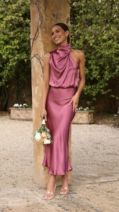 Asymmetrical Midi Halter Bridesmaid Dress in Dusty Rose Satin
 - ModishWorld