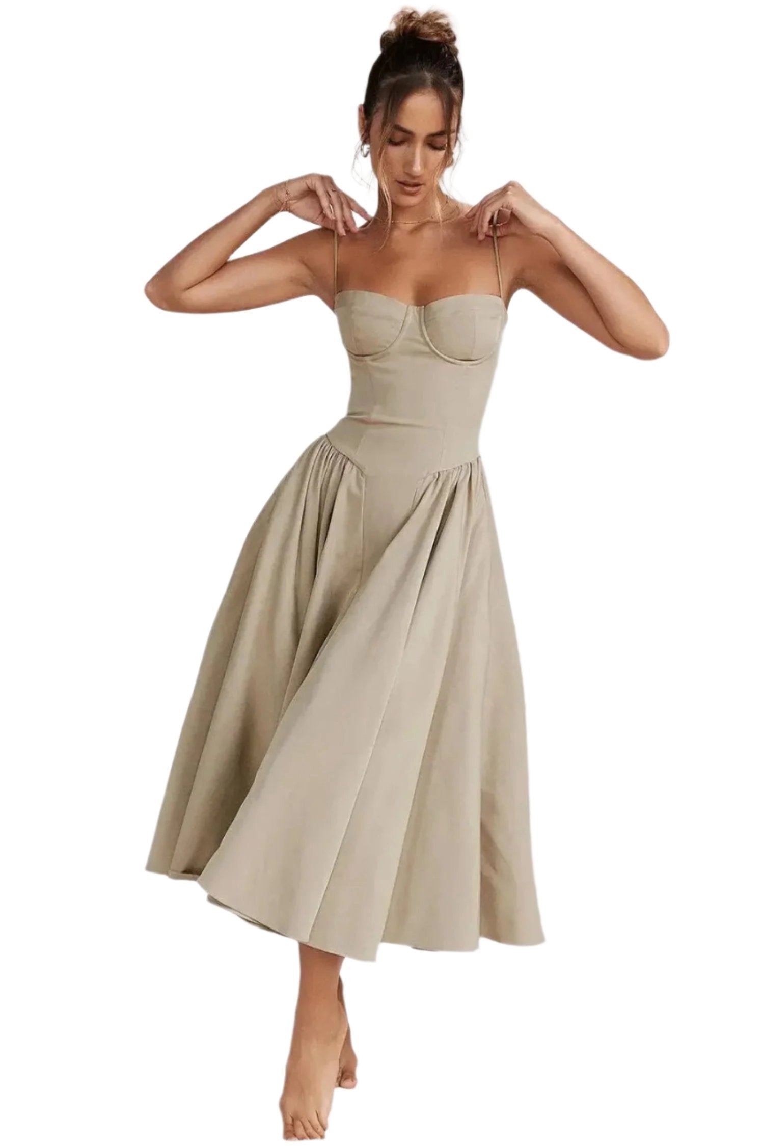 Stylish Beige Midi Dress: Sweetheart Neckline for Summer Parties