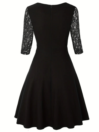 Black Lace-Sleeve A-Line Dress: Elegant, Perfect for Formal Events & Cocktails
 - ModishWorld