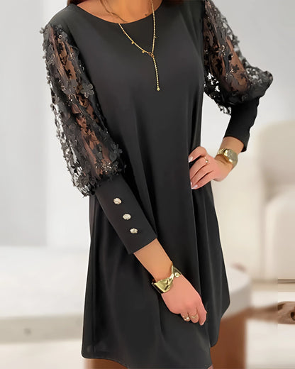 Sophisticated Black Cocktail Dress with Lace Sleeves and Gold Buttons
 - ModishWorld
