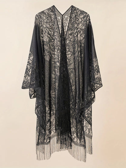 Black Lace Kimono with Fringe: Elegant Bohemian Formal Wrap
 - ModishWorld
