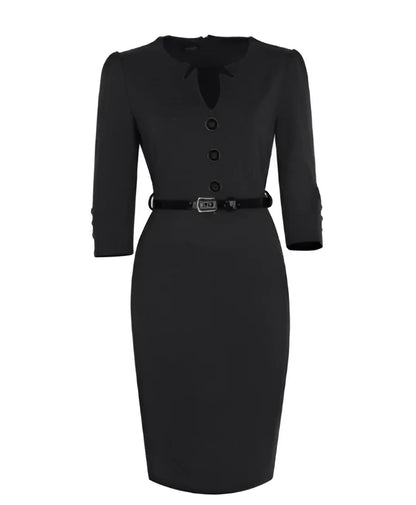 Black Belted Midi Sheath Dress with Button Front
 - ModishWorld
