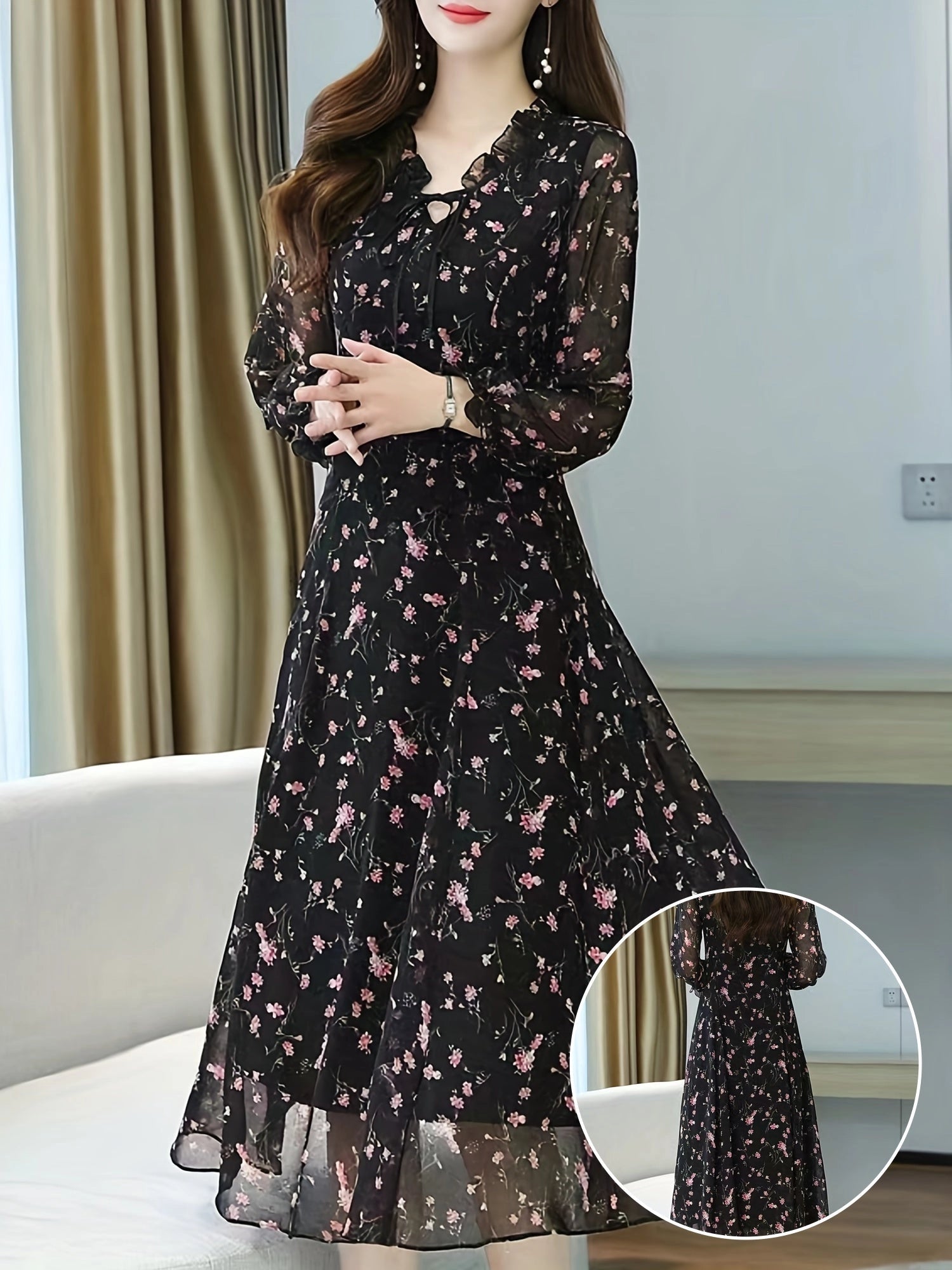 Black Chiffon Maxi Dress with Sheer Sleeves and V-Neck – Modish World