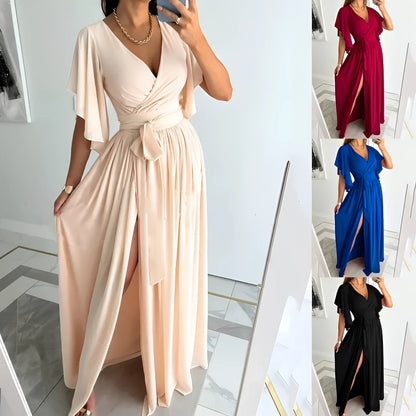 Black Chiffon Maxi Dress: Elegant V-Neck, High Slit Wrap Gown
 - ModishWorld