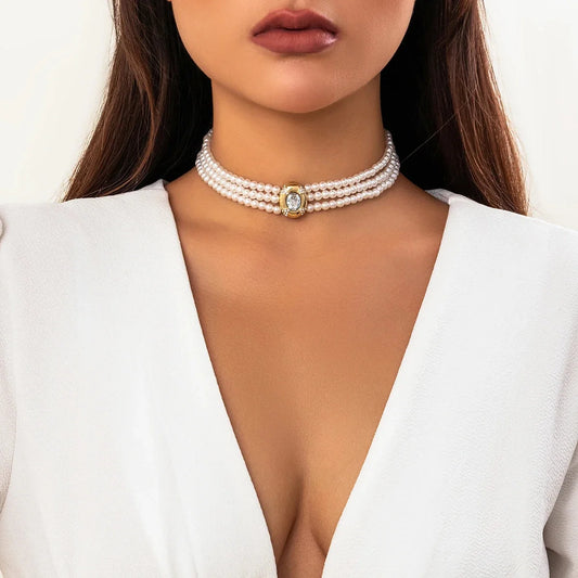 Women's Elegant Gold-Clasp Double-Strand Pearl Choker Necklace
 - ModishWorld