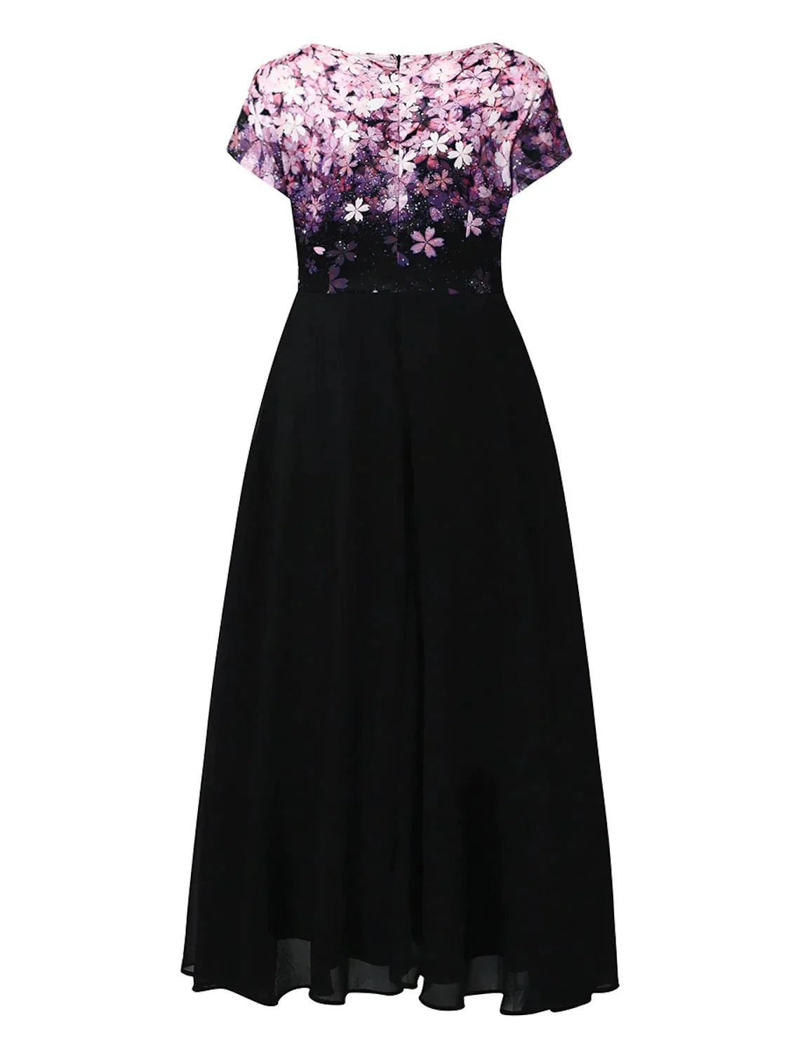 Black A-Line Midi Dress with Cap Sleeves and Pink Cherry Blossoms
 - ModishWorld