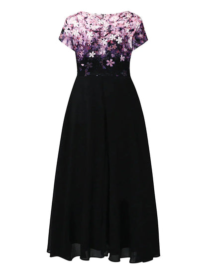Black A-Line Midi Dress with Cap Sleeves and Pink Cherry Blossoms
 - ModishWorld