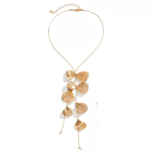 Botanical Floral Lariat Necklace with Gold Leaf Pendant
 - ModishWorld