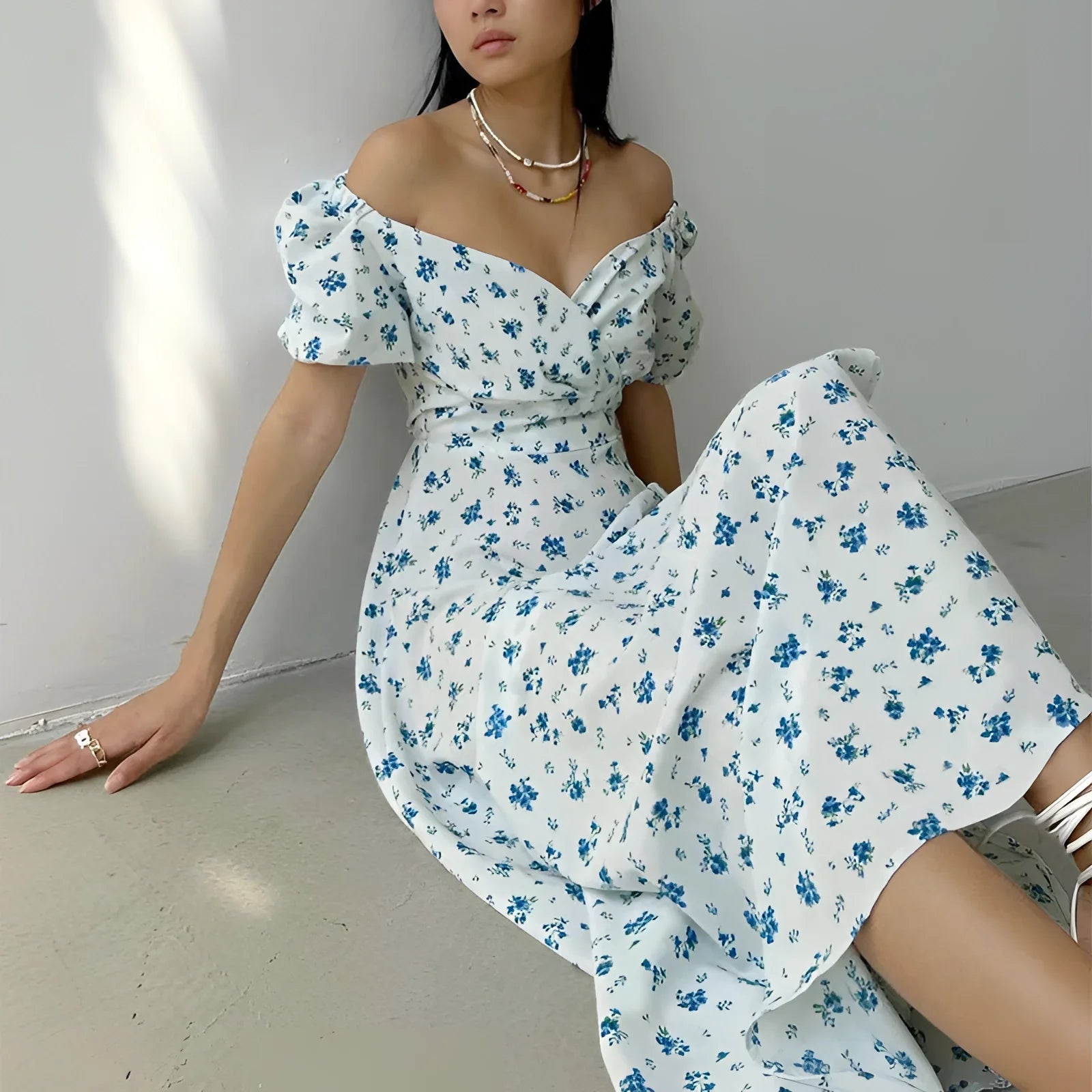 Beautiful Light Blue Floral Maxi Dress, Off-the-Shoulder with Puff Sleeves
 - ModishWorld