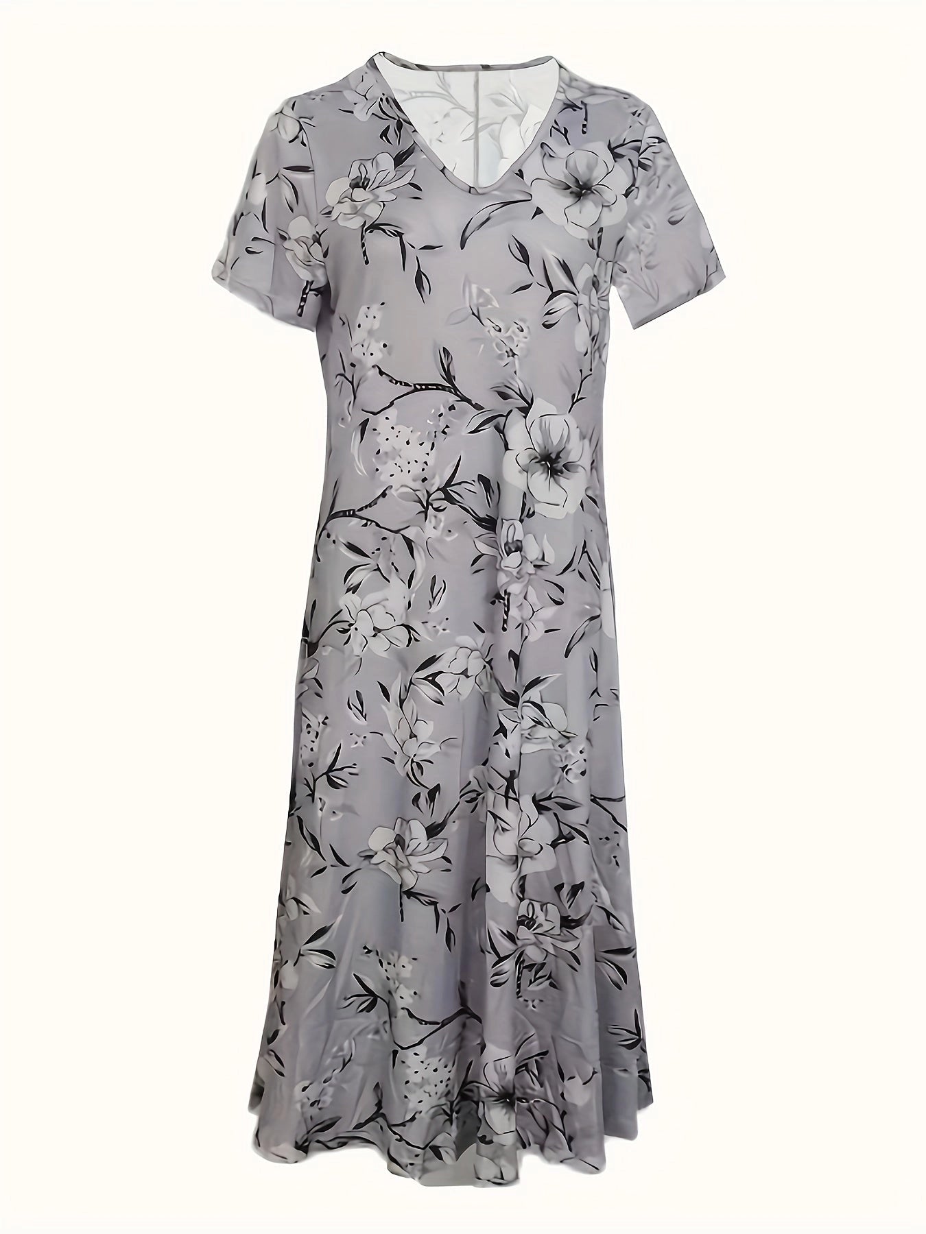 Stylish Light Grey Floral Knee-Length V-Neck Dress for Women - Summer Style
 - ModishWorld