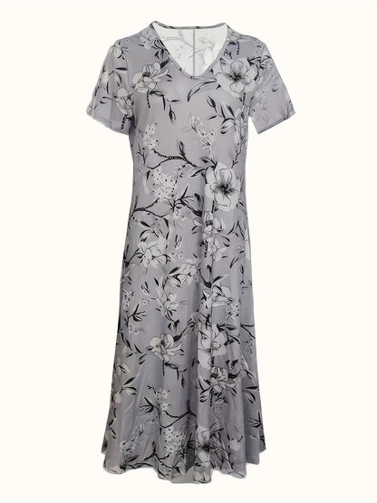 Stylish Light Grey Floral Knee-Length V-Neck Dress for Women - Summer Style
 - ModishWorld