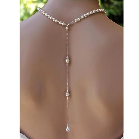 Bridal Back Necklace with Elegant Long Pearls - Wedding Jewelry
 - ModishWorld