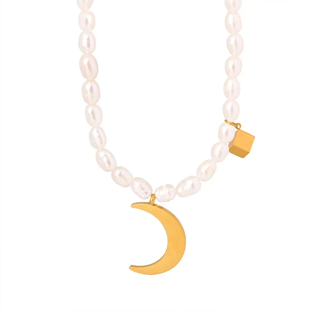 Luxurious Elegant Pearl Choker Necklace with Gold Moon Pendant
 - ModishWorld