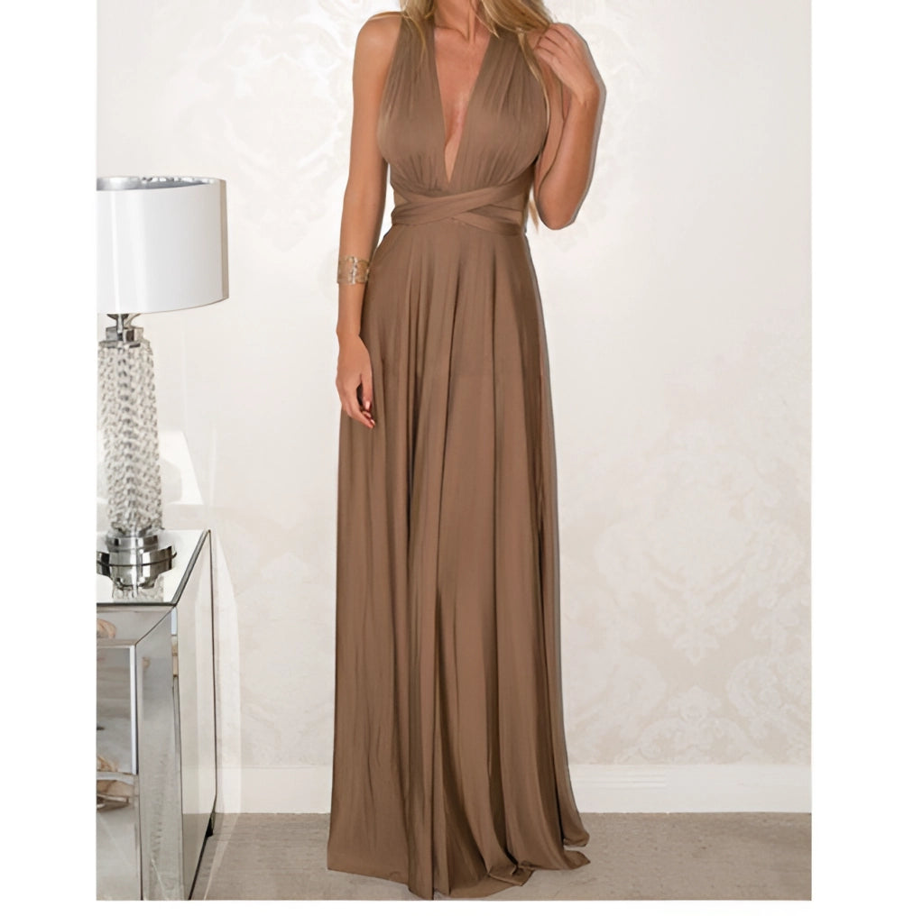 Sophisticated Red Satin Formal Gown with Deep V-Neck and Open Back ...