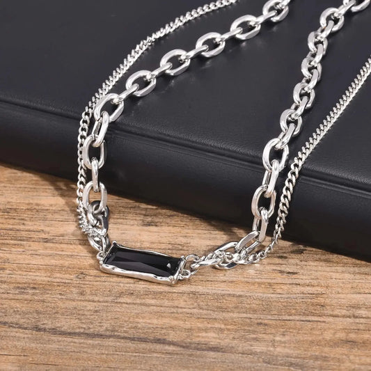 Minimalist Luxury: Elegant Silver Chain and Black Stone Pendant Necklace
 - ModishWorld