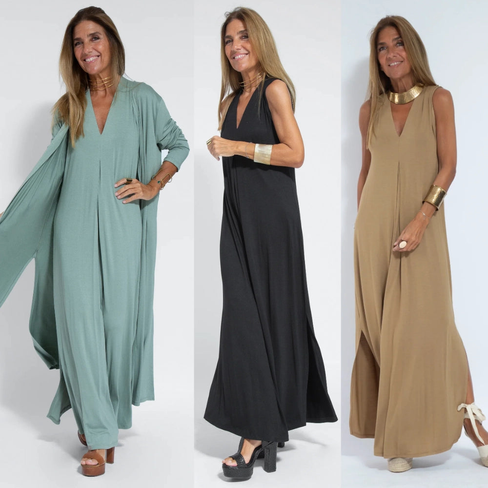 Sophisticated Sleeveless Maxi Dress with V-Neck - Luxurious Evening Gown
 - ModishWorld