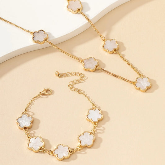 Bridal Gift: Elegant White Flower Necklace and Clover Bracelet Set
 - ModishWorld