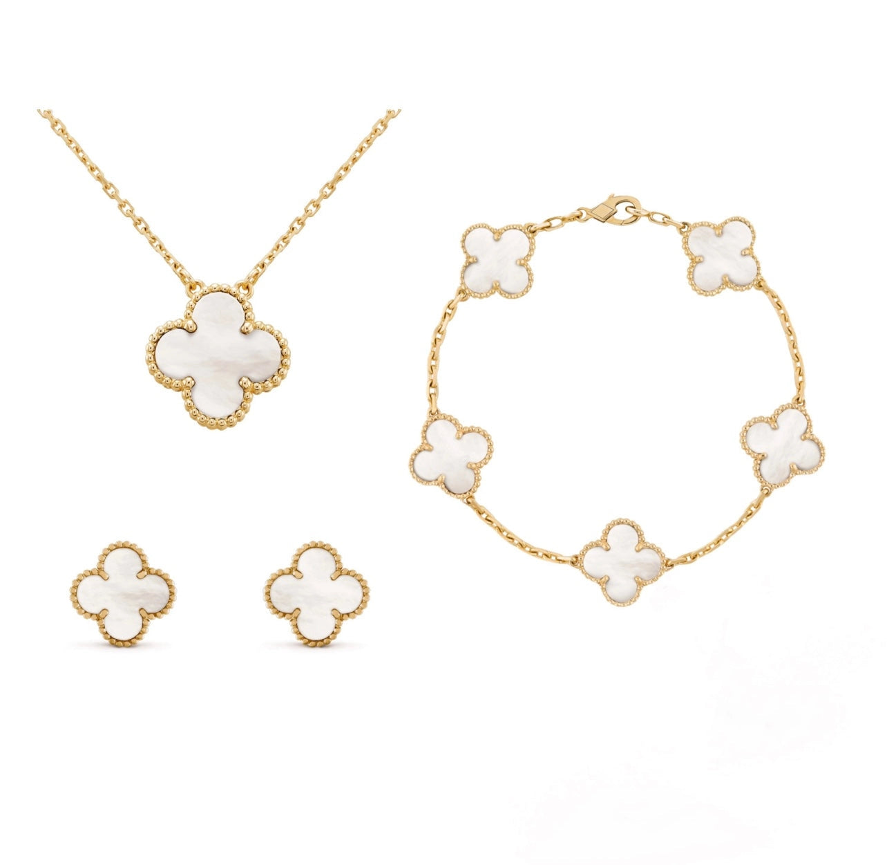 White and Gold Floral Jewelry Set: Necklace, Bracelet, and Earrings
 - ModishWorld