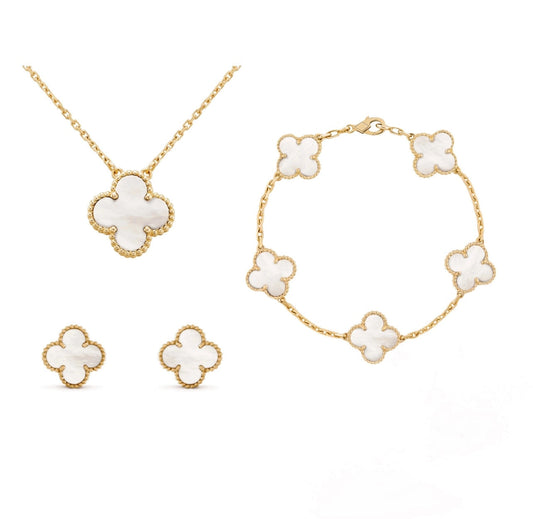 White and Gold Floral Jewelry Set: Necklace, Bracelet, and Earrings
 - ModishWorld