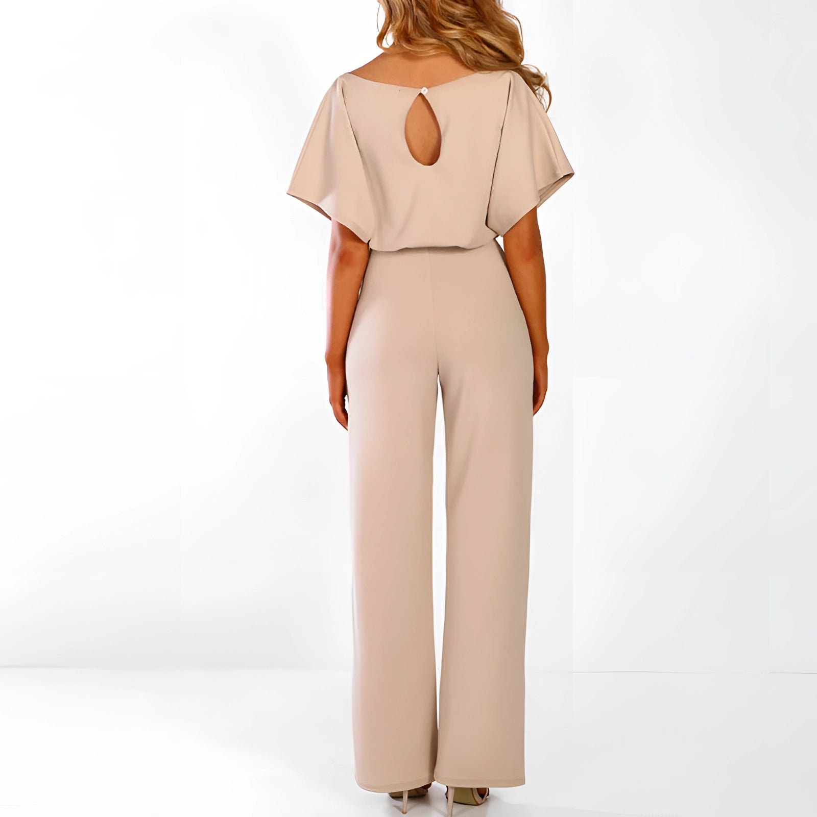 Stylish Beige Jumpsuit for Women: Wide Legs, Cape Sleeves, Keyhole Back
 - ModishWorld