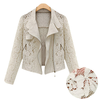 Cream Lightweight Floral Lace Zip-Up Jacket for Women
 - ModishWorld