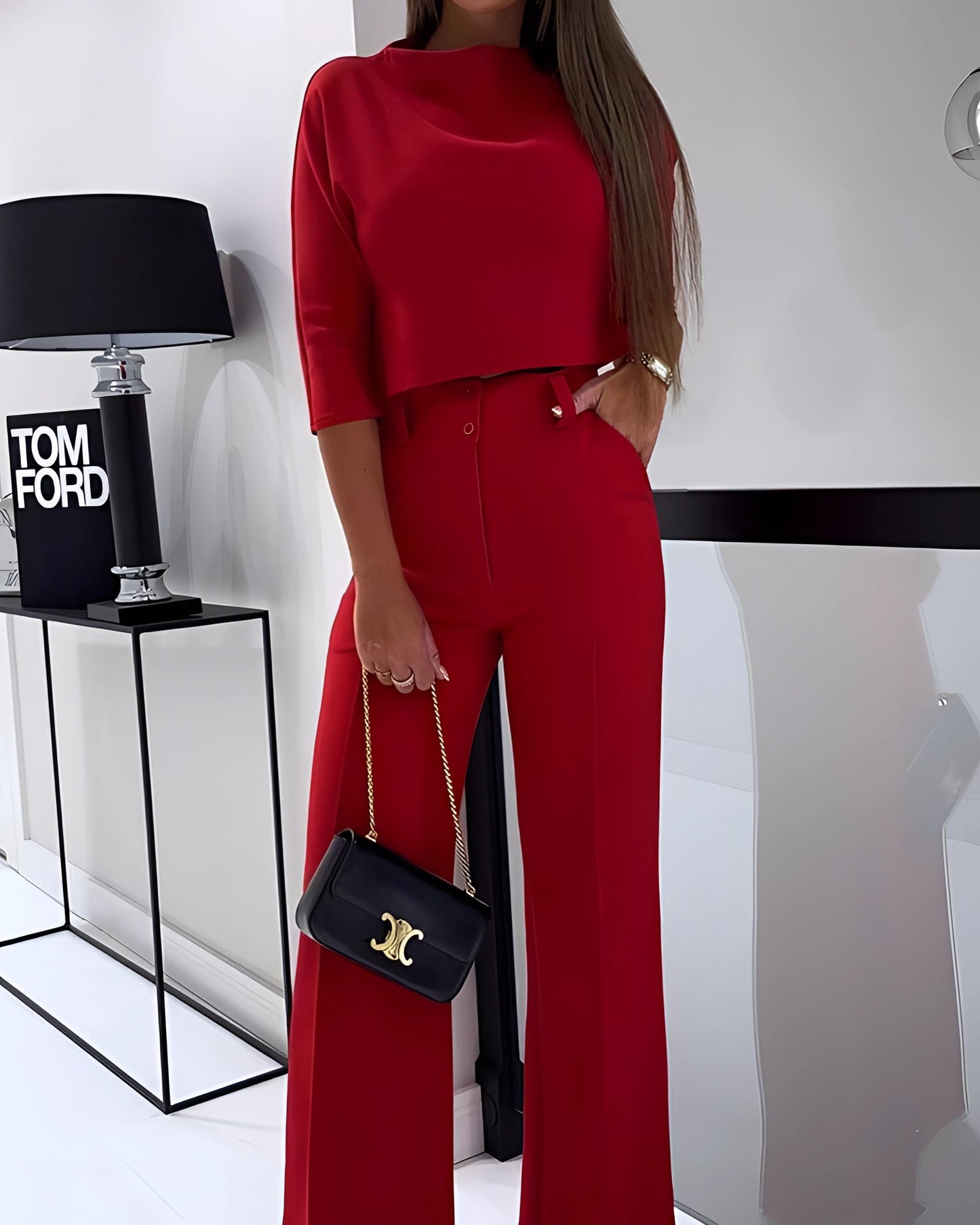 Stylish Red Belted Jumpsuit and Designer Bag for Women
 - ModishWorld