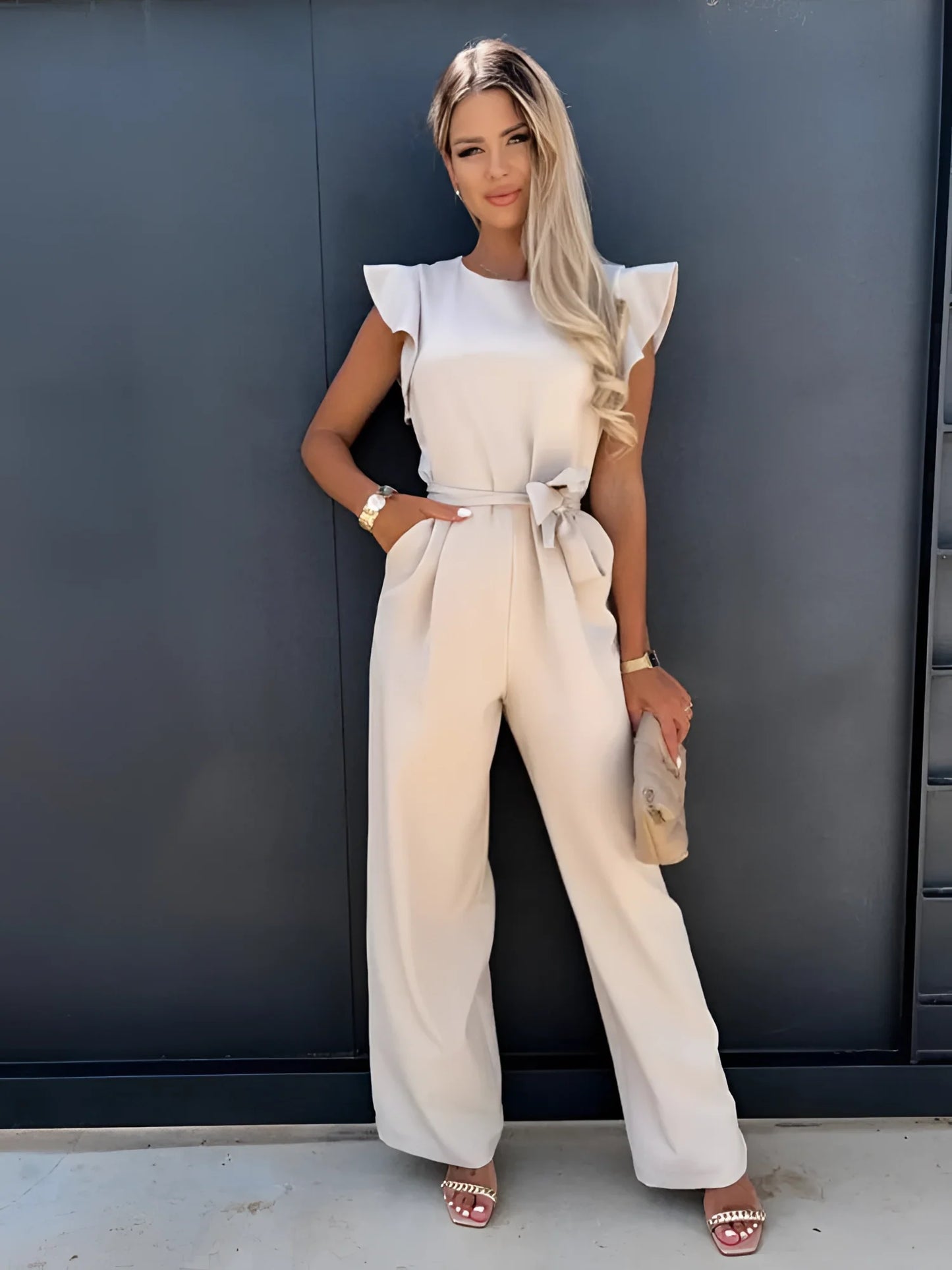 Stylish White Sleeveless Wide-Leg Formal Jumpsuit for Women with Belt
 - ModishWorld