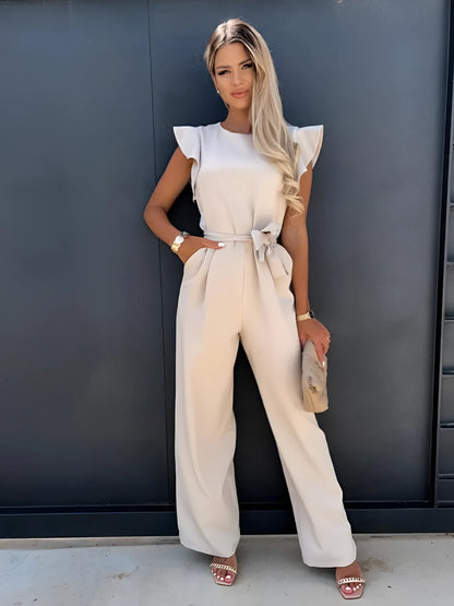 Stylish White Sleeveless Wide-Leg Formal Jumpsuit for Women with Belt
 - ModishWorld