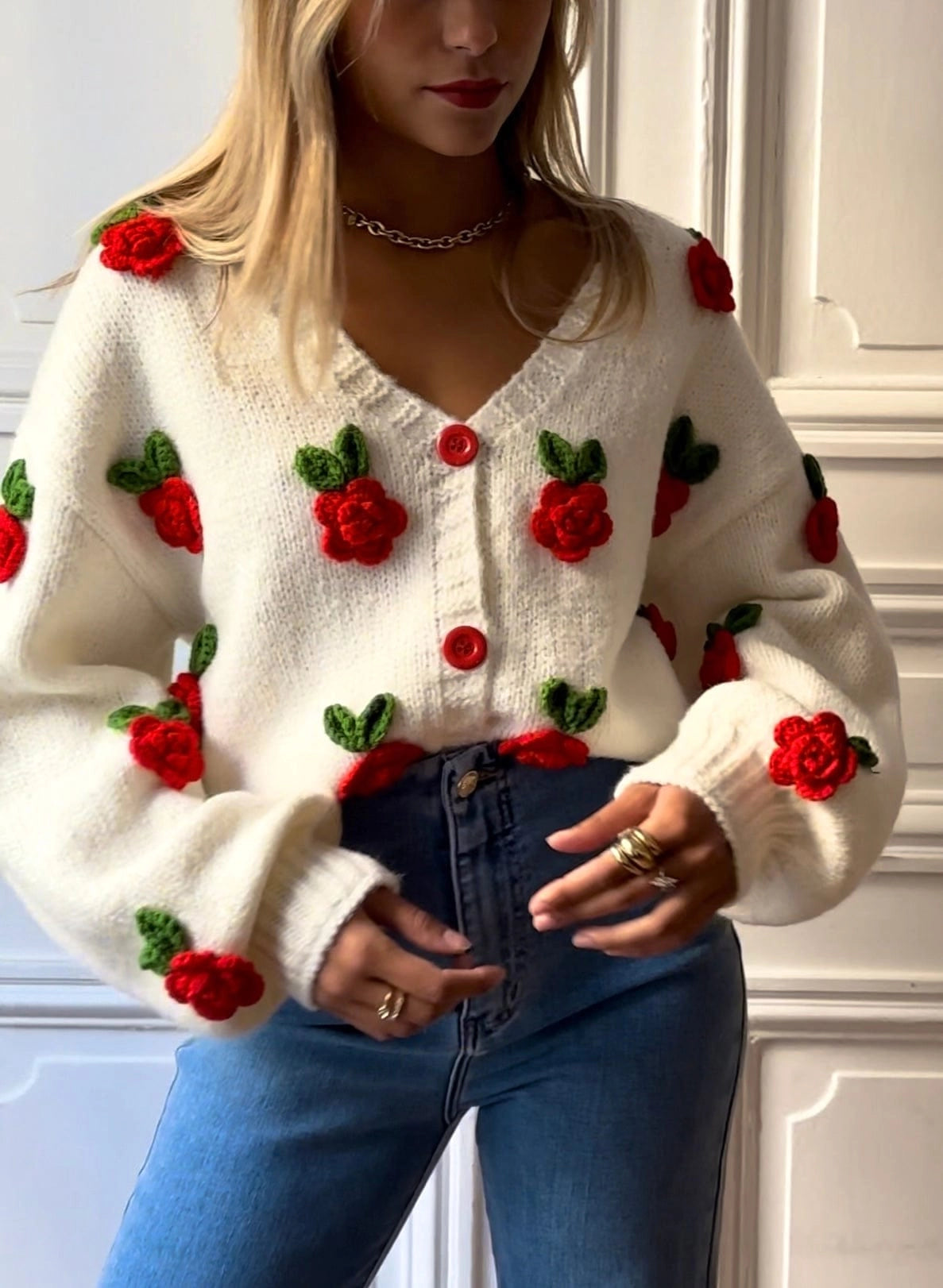 Women's White Chunky Cardigan with Rose Embroidery
 - ModishWorld