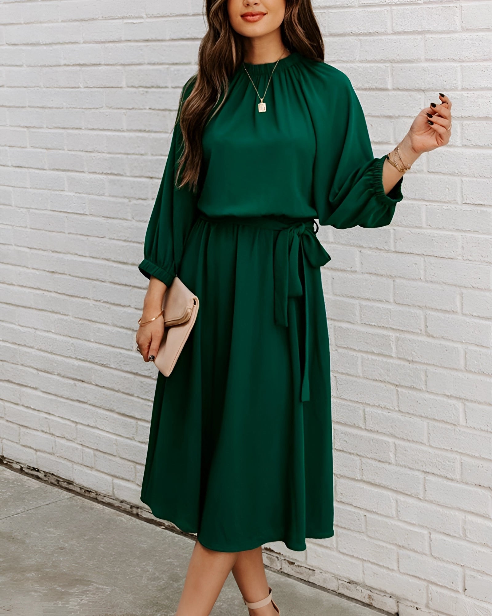 Midi Dress with Pleated Emerald Green Neckline, Bishop Sleeves, and Belted Waist
 - ModishWorld