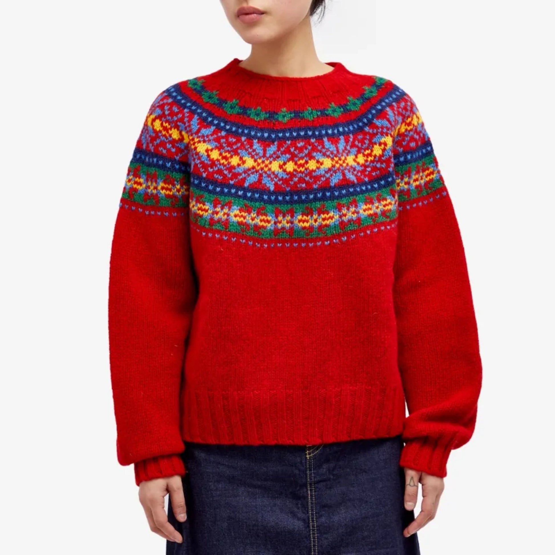 Women's Red Fair Isle Wool Floral Knit Sweater, Warm Winter Ethnic Style
 - ModishWorld