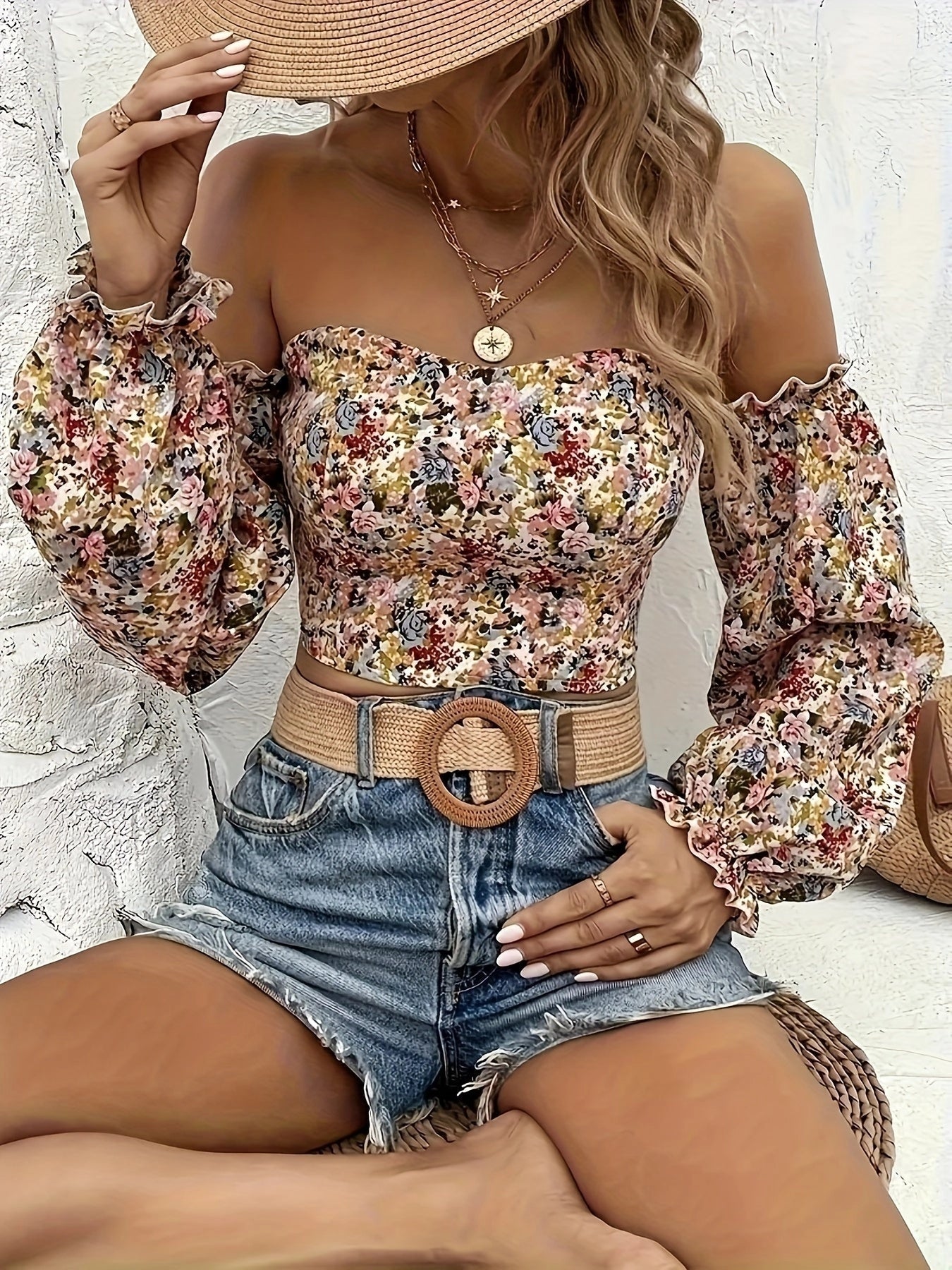 Women's Off-Shoulder Puff Sleeve Floral Bustier Top in Boho Chic Style
 - ModishWorld