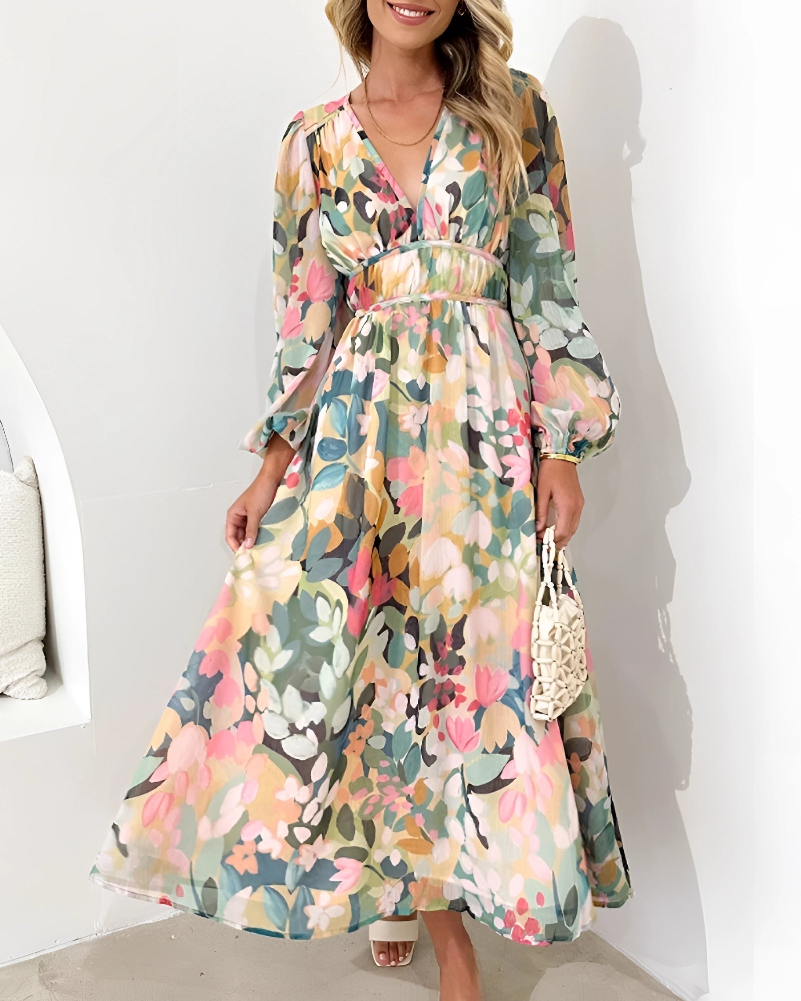 Midi Dress with Floral Chiffon, Long Sleeves, and Belt – Modish World