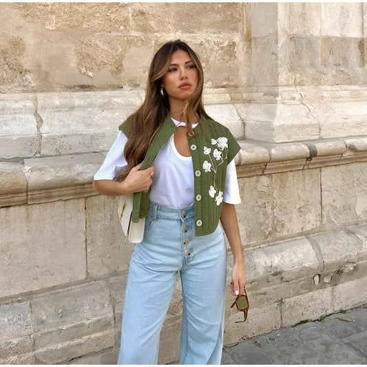 Women's Embroidered Floral Green Casual Spring Vest
 - ModishWorld